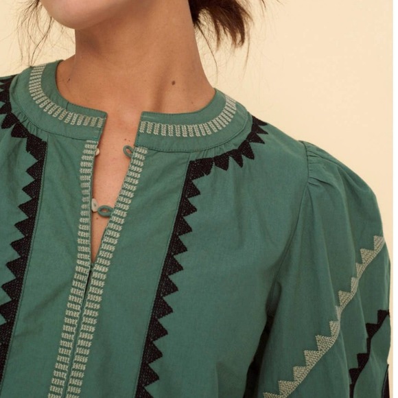 SONMER NWT SZ XL Black Embroidered Green Puff Sleeve 1/4 hook Top Boho Festival - Picture 2 of 15